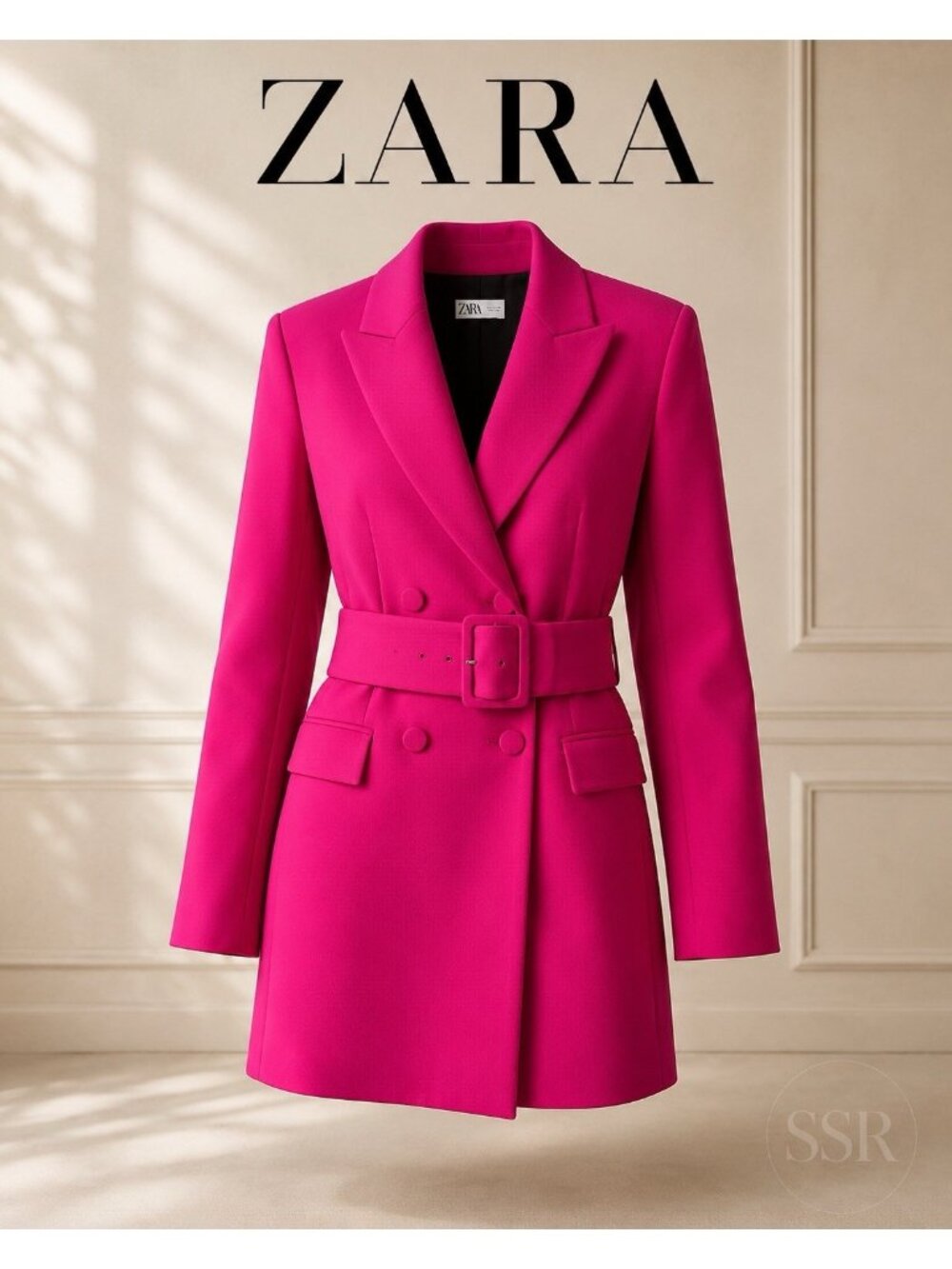 Zara NWT Hot Pink Fuchsia Belted Double Breasted Blazer Mini Dress Size M